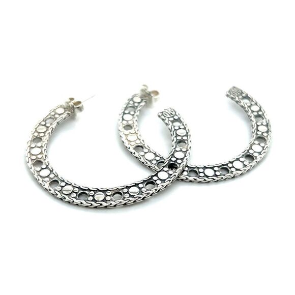John Hardy Estate Dot Flat Hoop Earrings 1.95" Sterling Silver JH58 - Picture 1 of 7